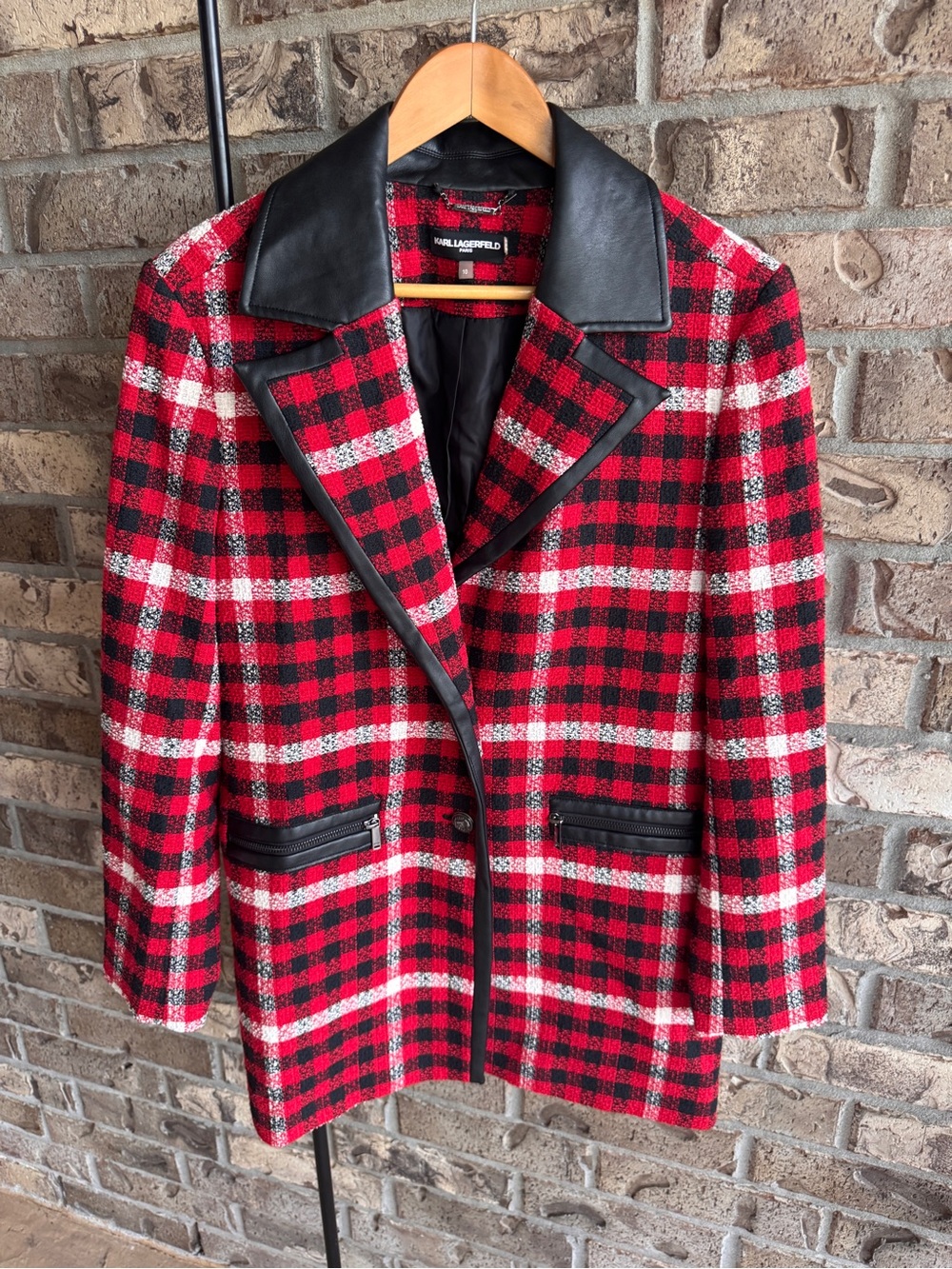 Karl Lagerfeld Paris Plaid Faux Leather Trim Long Blazer Jacket Size 10 - Picture 4 of 16
